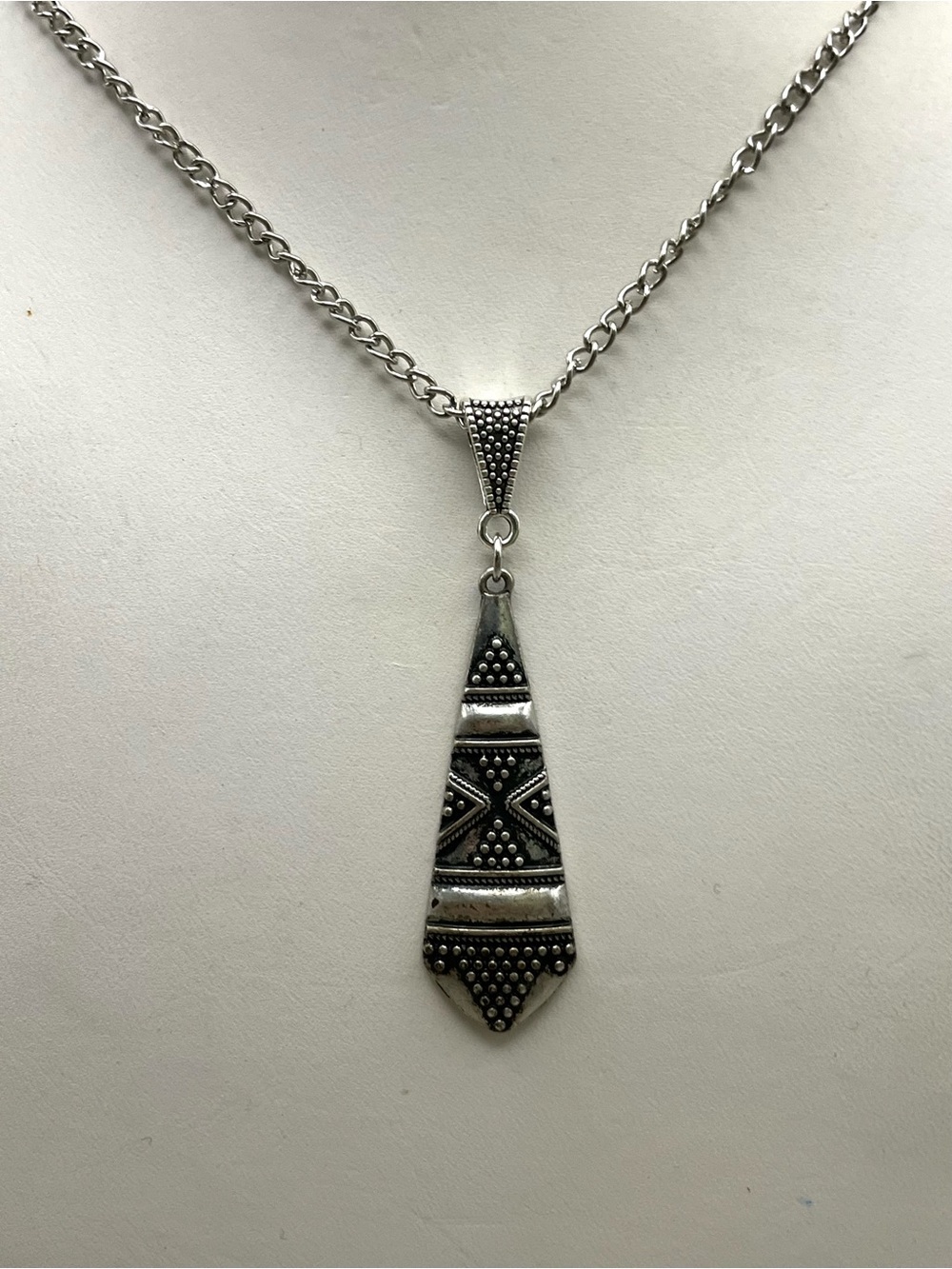 Aztec Tribal Silver Tone Pendant Necklace Southwestern Boho Oxidized Statement